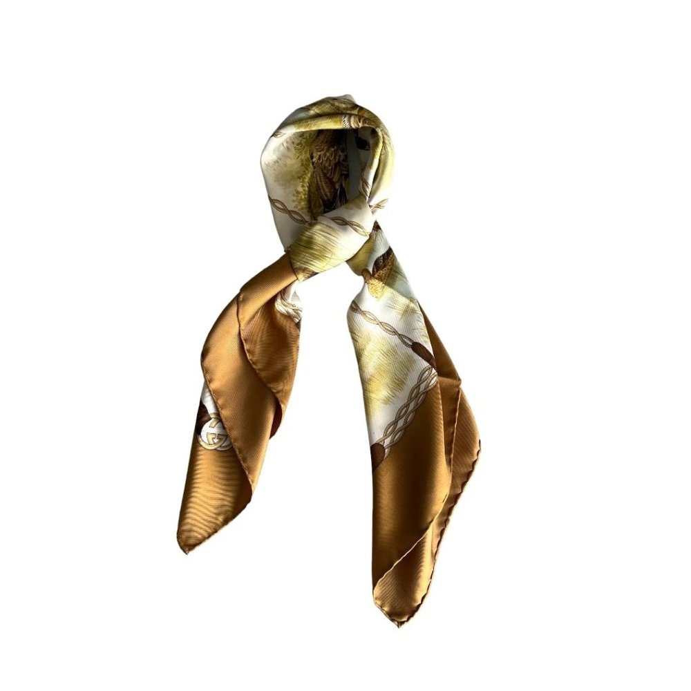 GUCCI: Silk Scarf With Birds & Logo  #L069